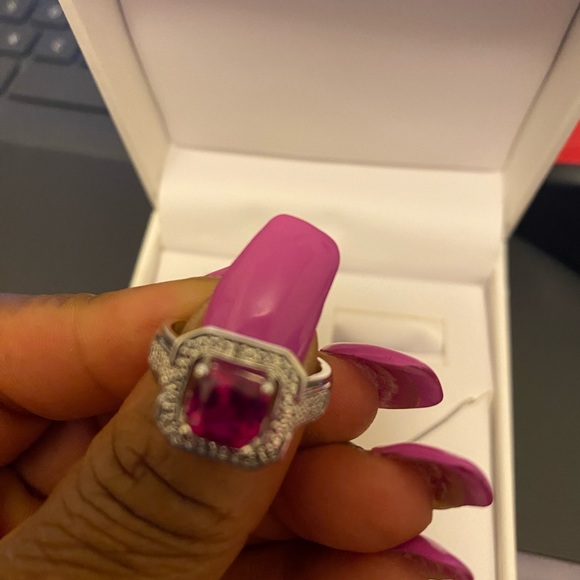 3 piece created Ruby and Diamond Accent Set in Rhodium over Brass - Picture 2 of 4